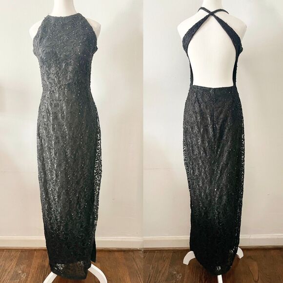 Vtg Black Backless Sequin Beaded Lace Formal Gown Long Prom Cocktail Dress - M - Picture 1 of 7